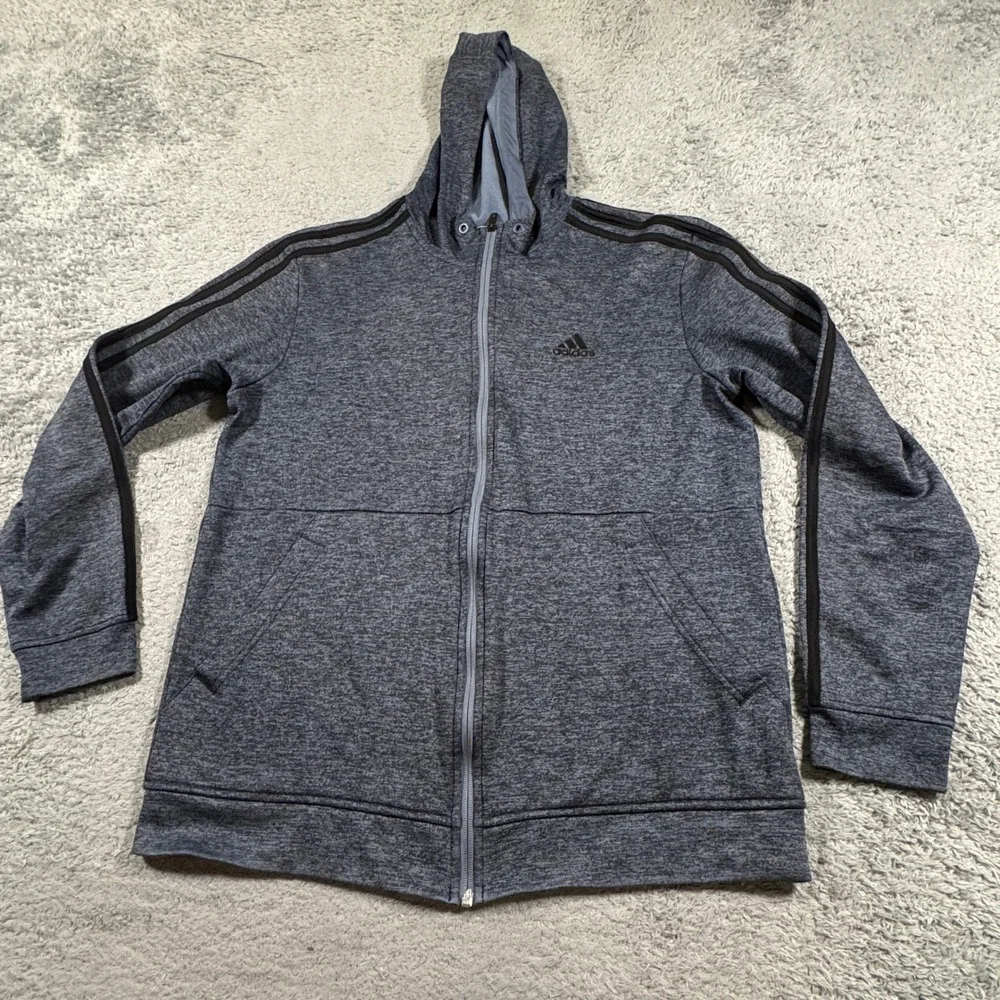 Adidas Mens 3 Stripe Full Zip Fleece Hoodie Size Medium Heathered Blue Gray